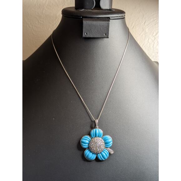 ROSS-SIMONS 925 Simulated Italian Turquoise CZ Flower Pendant Chain Necklace - Picture 1 of 8
